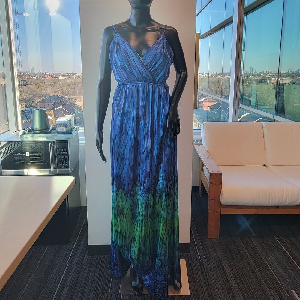 Tahari Long Maxi Spaghetti Strap Blue Multicolored Penelope Dress